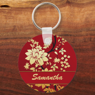 Llavero Flores de oro orientales personalizadas en rojo