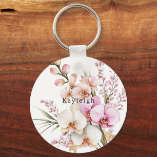 Llavero Flores de orquídeas blancas rosadas tropicales