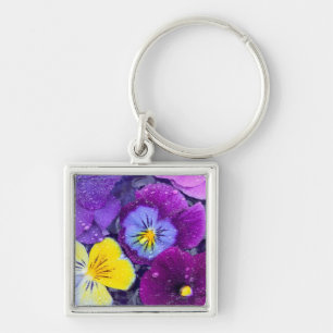 Llavero Flores de pensamiento flotando en baño de pájaros