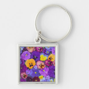 Llavero Flores de pensamiento flotando en baño de pájaros