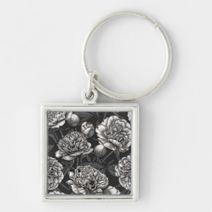 Llavero Flores de peonía blanca en gris oscuro