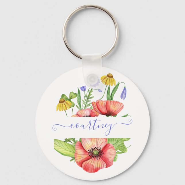 Llavero Flores de primavera en acuarela personalizadas (Anverso)