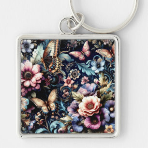 Llavero Flores de primavera y mariposas antiguas