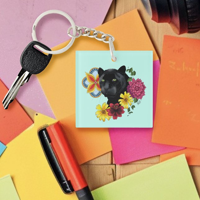 Llavero Flores de retrato jaguar negro (Subido por el creador)