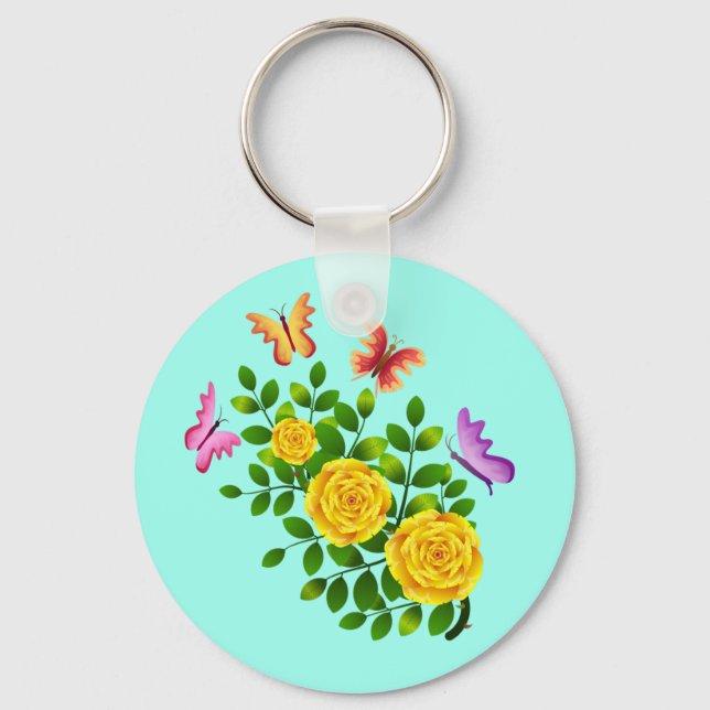 Llavero Flores De Rosa Amarilla Y Mariposas-64567 (Anverso)