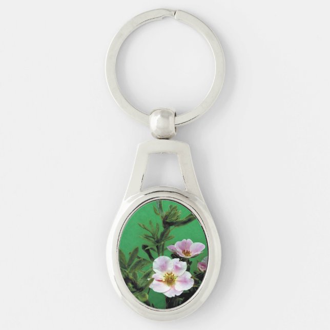 Llavero flores de rosa rosado salvaje en verde. (Anverso)