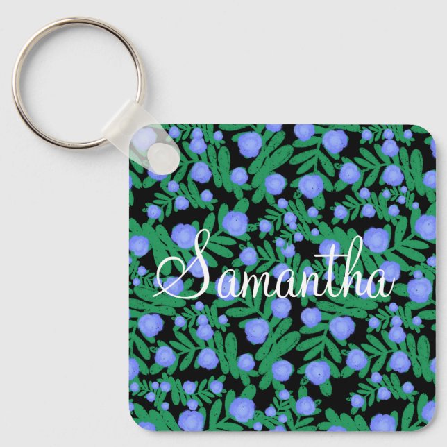 Llavero Flores Florales Púrpura Claras Y Plantas De Hojas  (Anverso)