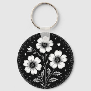 Llavero Flores Góticas en Blanco y Negro