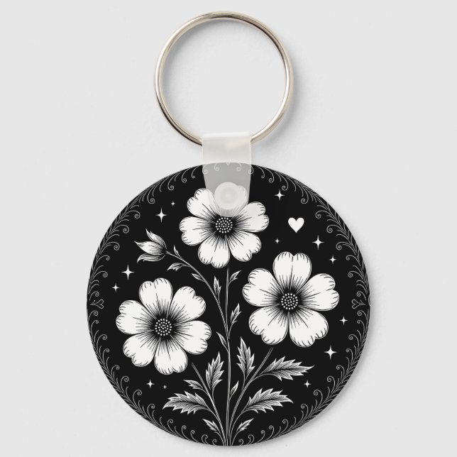 Llavero Flores Góticas en Blanco y Negro (Anverso)
