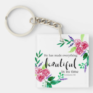 Llavero Flores hermosas de acuarela con letra de cita bíbl