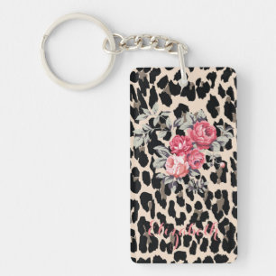 Llavero Flores modernas lindas en estampado de leopardo-pe