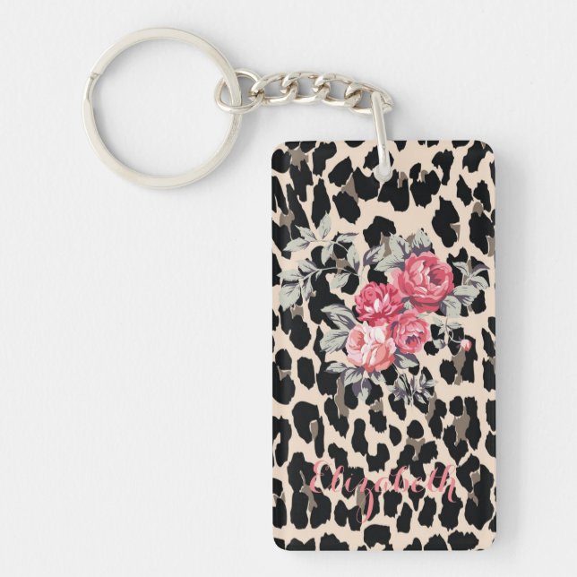 Llavero Flores modernas lindas en estampado de leopardo-pe (Frente)