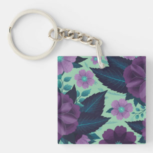 Llavero Flores moradas con hojas sobre fondo de menta