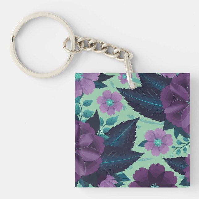 Llavero Flores moradas con hojas sobre fondo de menta (Frente)