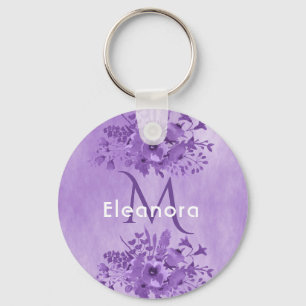 Llavero Flores moradas monograma nombre vintage