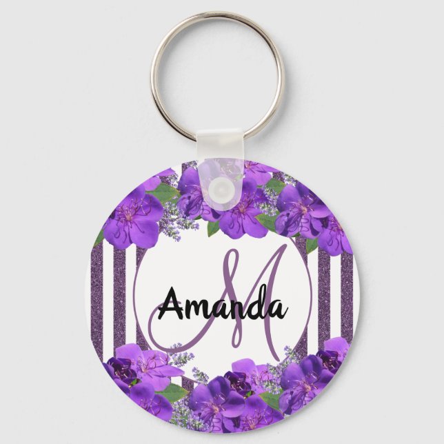 Llavero Flores moradas rayas purpurinas blancas nombre mon (Anverso)