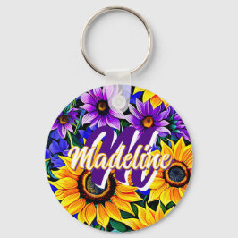 Llavero Flores moradas y girasoles amarillos personalizado