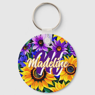 Llavero Flores moradas y girasoles amarillos personalizado