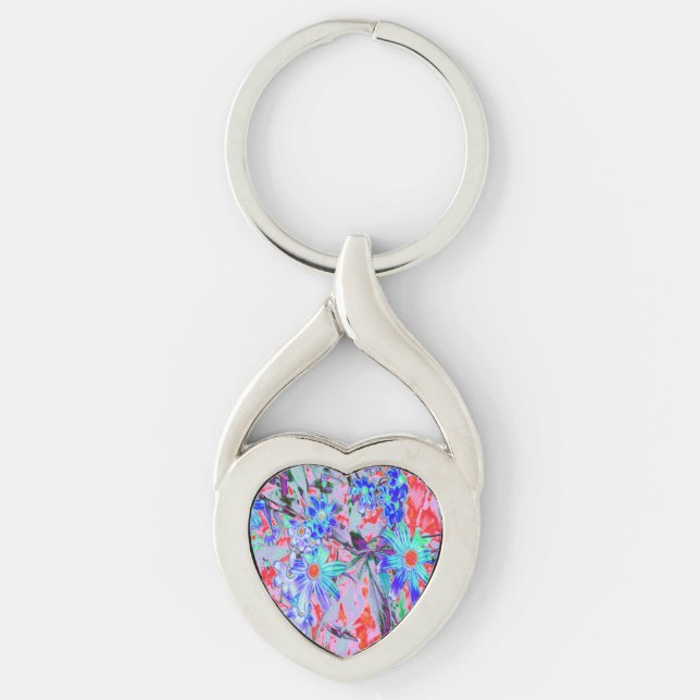 Llavero Flores retro psicodélicas de Aqua verde y Naranja (Anverso)