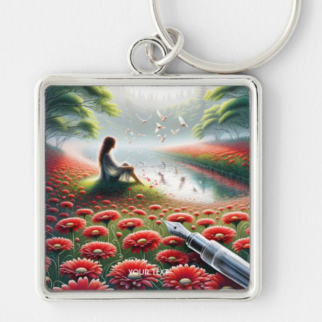 Llavero Flores rojas Chicas de fantasía (Frente)