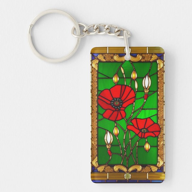 Llavero Flores Rojas de Vidrio Emplomado Elegantes (Frente)