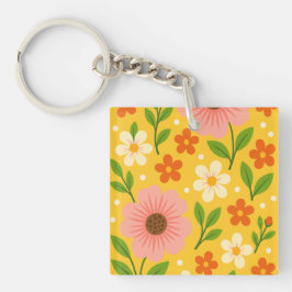 Llavero Flores rosadas, crema y naranjas con hojas verdes