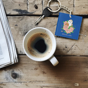 Llavero Flores rosadas de búho barn azul