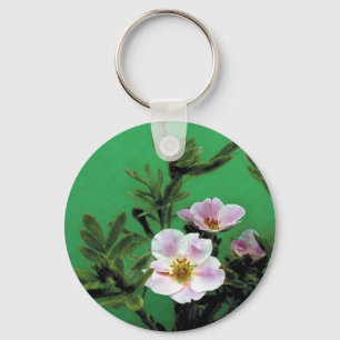 Llavero flores rosadas rojas salvajes en verde, Elegante