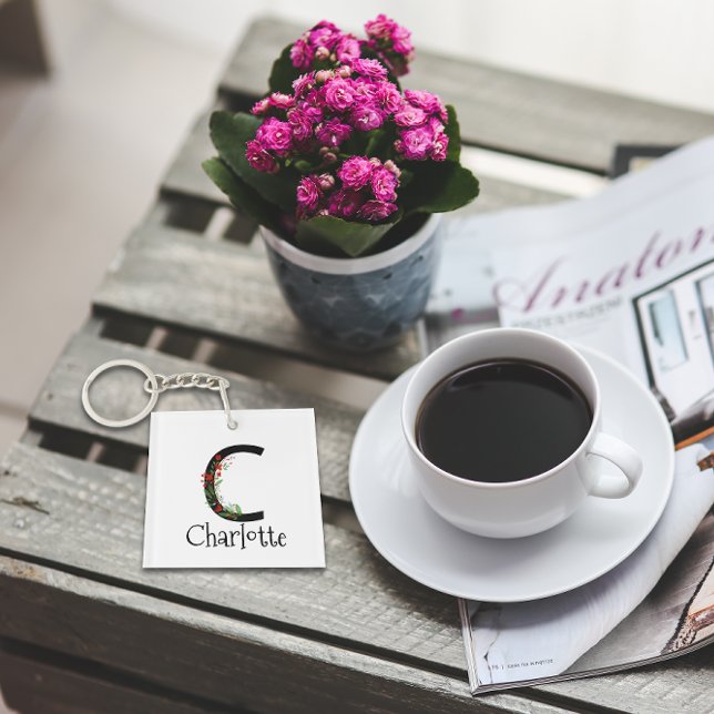 Llavero Flores silvestres rojas Monograma de acuarela (Subido por el creador)