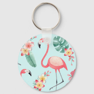 Llavero Flores tropicales Flamingos Patrón de acuarela