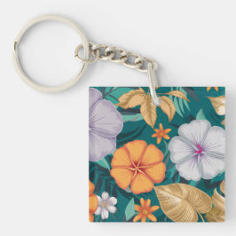 Llavero Flores tropicales, flores delgadas y hojas doradas
