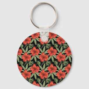 Llavero Flores tropicales rojas patrón continuo hojas verd