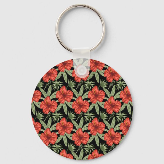 Llavero Flores tropicales rojas patrón continuo hojas verd (Anverso)
