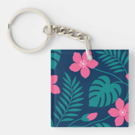 Llavero Flores Tropicales Rosadas y Diseño de Follaje Verd