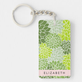 Llavero Flores verdes de Dahlia, patrón floral, tu nombre