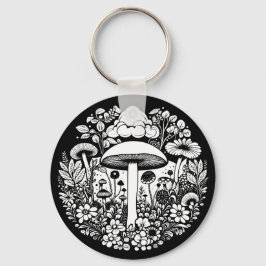 Llavero Flores y champiñones negros y blancos