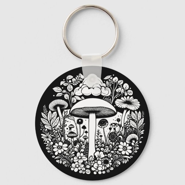 Llavero Flores y champiñones negros y blancos (Anverso)