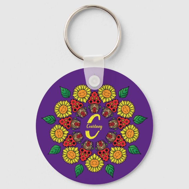 Llavero Flores y hongos personalizados Mandala morada (Anverso)