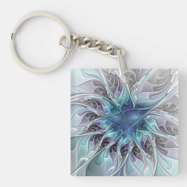 Llavero Flourish Abstract Modern Fractal Flower With Blue (Frente)