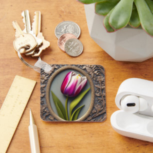 Llavero FlowElegance: Tulipán rosa en diseño Art Nouveau
