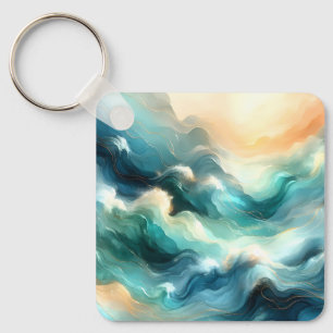 Llavero Flujo de Océano Dorado Ondas Abstractas