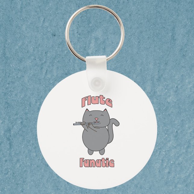 Llavero Flute Playing Gray Cat Funny Musician (A key chain featuring a flute playing gray cat with the words flute fanatic in pink.)