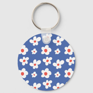 Llavero Fondo azul con flor de margarita blanca y roja