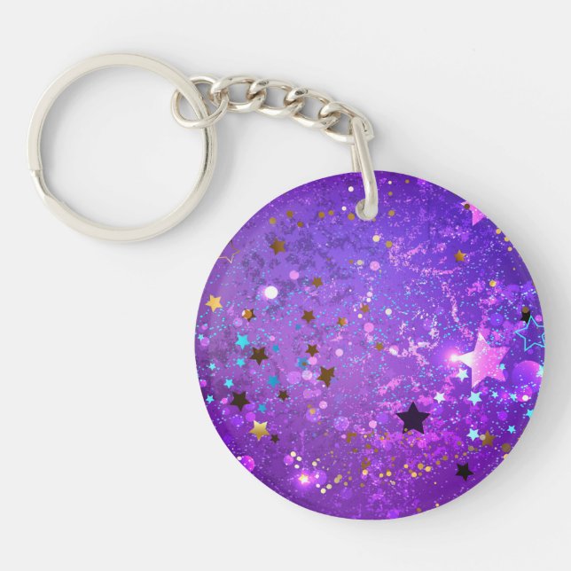 Llavero Fondo de Relieve metalizado púrpura con estrellas (Frente)
