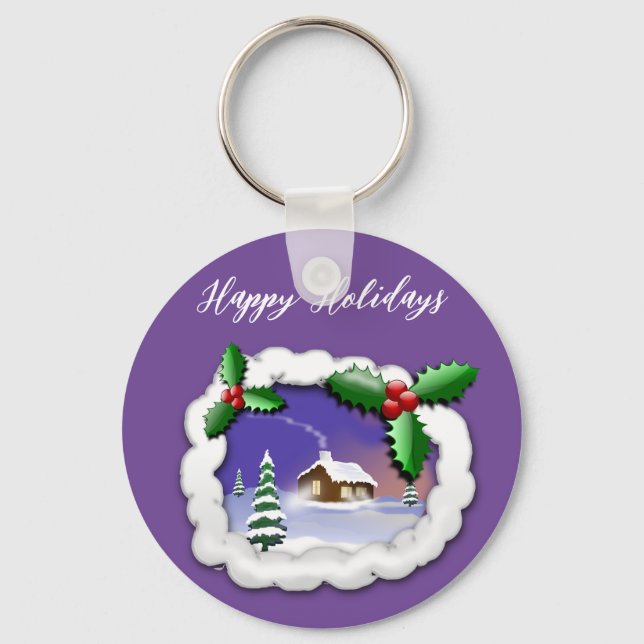 Llavero Fondo morado con árbol de Navidad, casa (Anverso)