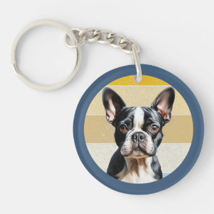 Llavero Fondo Retro de Perro Boston Terrier Adorable