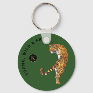 Llavero Fondo verde del monograma del tigre joven, salvaje