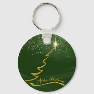 Llavero Fondo Verde Espumoso Con Árbol De Navidad Dorado