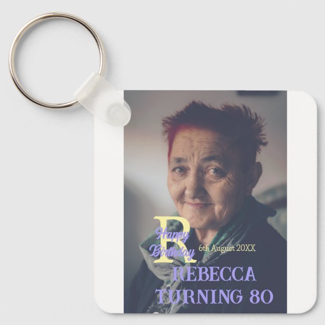 Llavero Foto 80 cumpleaños agregar nombre fecha púrpura mo (Anverso)