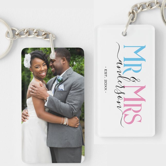Llavero Foto de aniversario de bodas de pareja recién casa (newlywed couple mr and mrs keychain with photo)